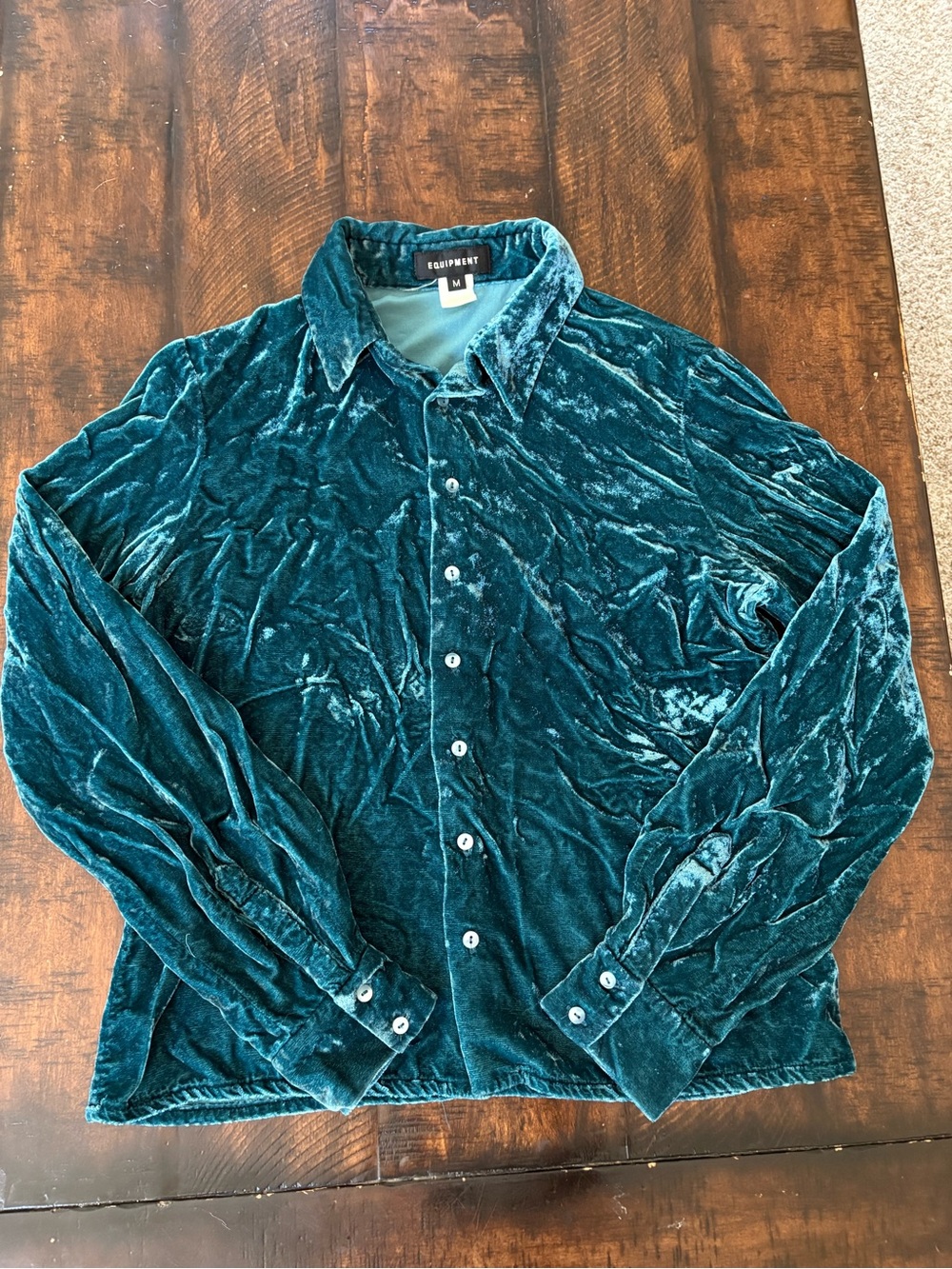 Vintage Equipment Distressed Velvet Button Down Top in Teal, Size Women’s Medium